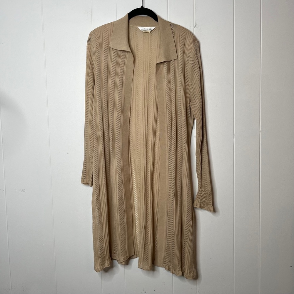 Misook Beige Longline Cardigan Sweater Open Front with Collar Women's Large